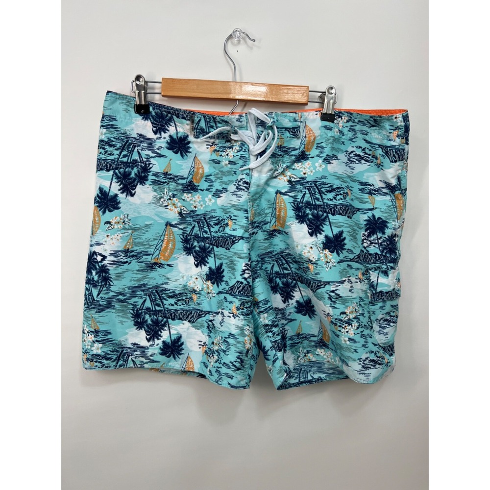 Raya Sun Swim Trunks Swimsuit Blue Hawaiian Print Mens Sz‎ XL